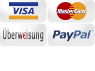 Zahlungsmethoden im Shop sind: PayPal, sofort.de, Vorkasse, Kreditkarte.
